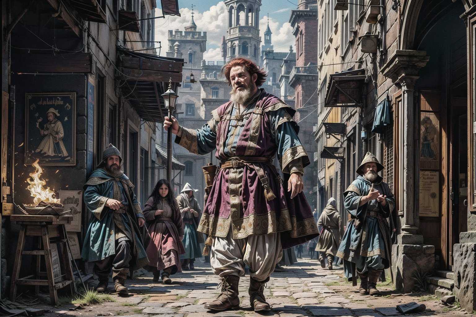 A close-up shot captures the warm smile of a rugged dwarf merchant as he enthusiastically holds up an intricately embroidered tunic amidst the vibrant tapestries of a medieval fabric store. His fiery red beard contrasts with the fine, ornate garment, as he attempts to persuade taller customers to make a purchase, his worn features betraying a lifetime of hard labor and battle scars. The stool he stands on emphasizes his diminutive stature, yet his confident demeanor commands attention. (dwarf, short man) ,ws7