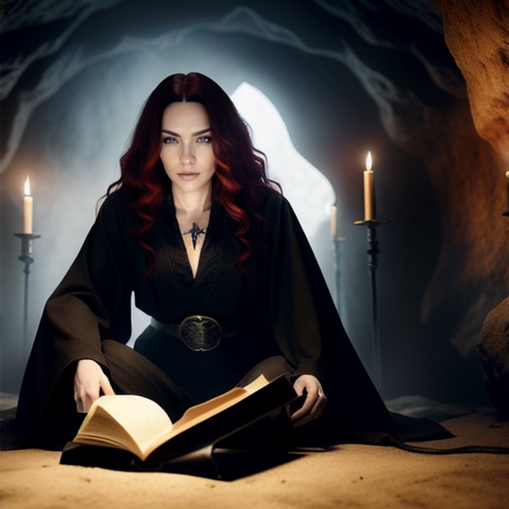 25 years old women, long red wavy hair, perfect body,  wears black tattered old Robe, she is a witch, holding ancient thick spell book and a shiny dagger, sitting in a big circle and Pentagram, scary atmosphere, darkness, she is in a cave, torches on the wall, realistic texture, natural light, satanic, ghostly figures around her, Moss on the walls, blood stains, ancient scrolls on shelves, hyperrealism, realistic hair, 