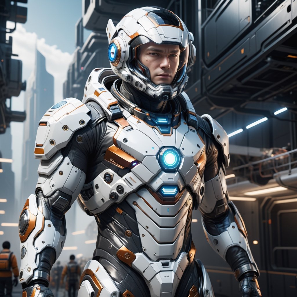 A high quality anime man cyborg astronaut suit with realistic vision, anime detail, ciberpunk, space tech theme, hyperrealism, full body view, full screen, animecore, best art award, Ultra-detailed 3D digital art, high resolution, photorealistic rendering, sharp focus, high-quality background, ultra-detailed landscape, ultra-sharp focus, consistent style, unique and well-developed concept, Unreal Engine, intricate details, beautiful color grading, bright lights , symmetry.,more detail XL