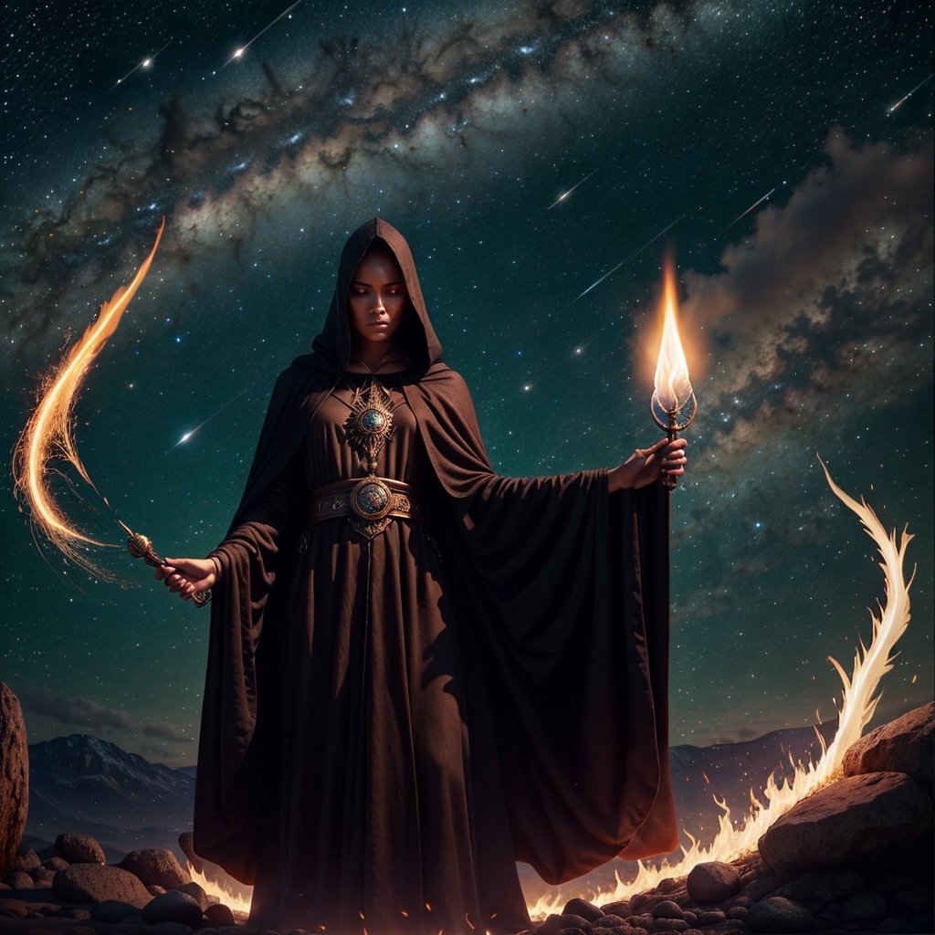 Create an image of a mystical scene where a woman, draped in a black and crimson cloak and robes:0.8, stands beneath the starry night. In her left hand, she holds the black flame of alchemy, while her right hand channels the energy of the white flame from the cosmos. Capture the enchantment and cosmic connection in this mesmerizing visual, Movie Poster ,Extremely Realistic, photorealistic, realhands, fix hands, Sexy Pose