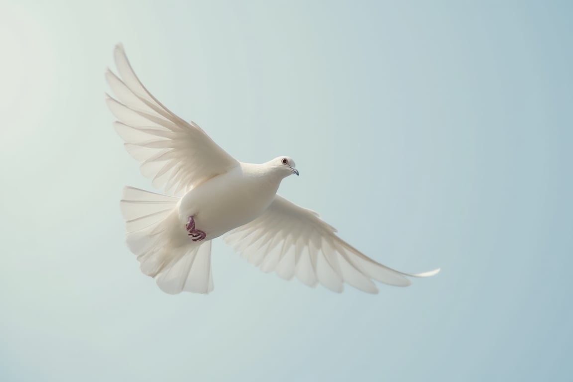 Realistic dove flying in the sky with detailed feathers and soft natural lighting.