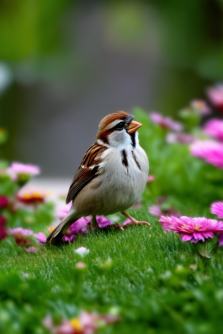 Sparrow in a flower garden, detailed plumage with outdoor light