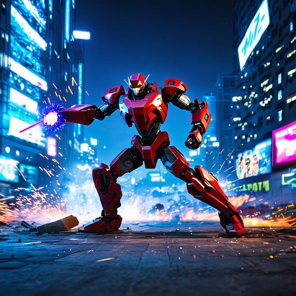 A dynamic action scene featuring a robot warrior in a fierce battle on the streets of a futuristic city. The robot is mid-combat, striking a powerful pose with glowing energy weapons, set against a backdrop of neon-lit skyscrapers and holographic advertisements. The lighting is dramatic, with sharp contrasts between the bright city lights and the shadows cast by the towering buildings. The composition captures the intensity of the fight, with debris and sparks flying around the metallic combatant.