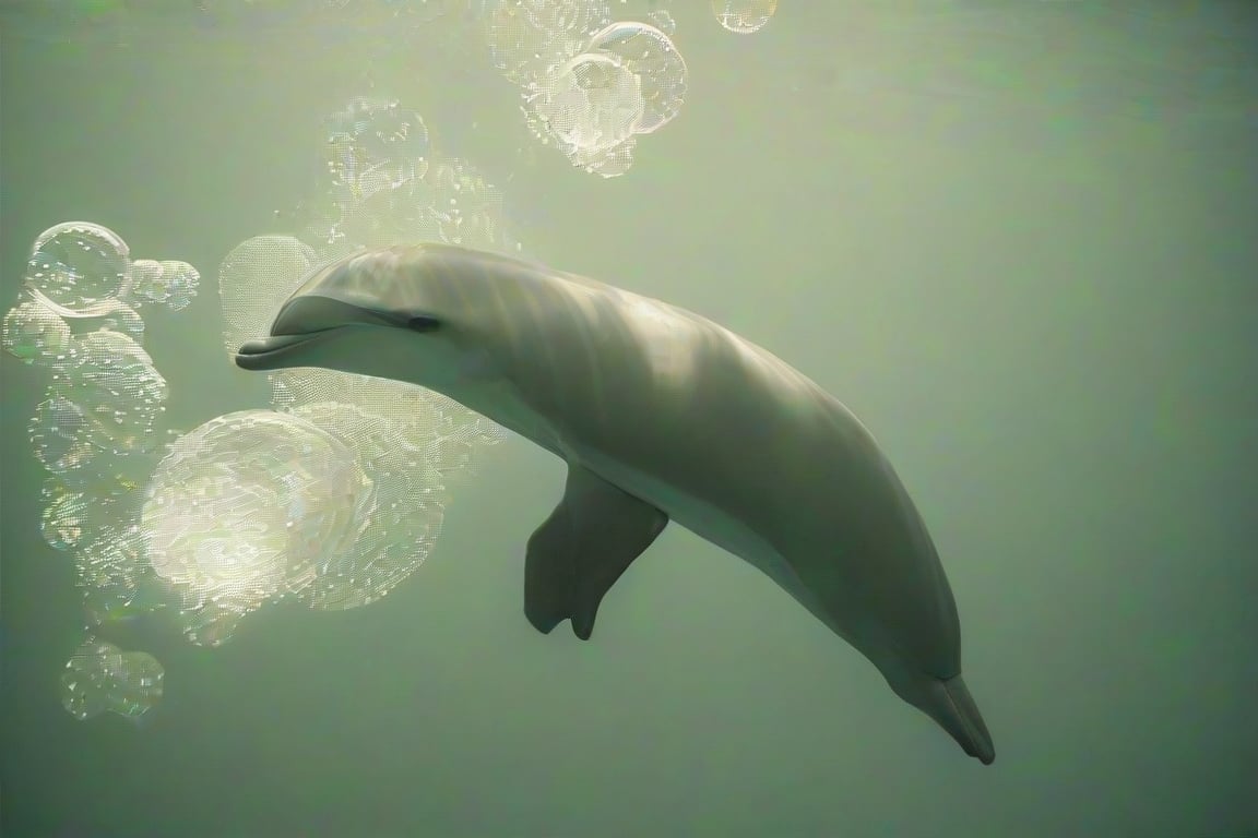 Underwater dolphin gliding gracefully with bubbles