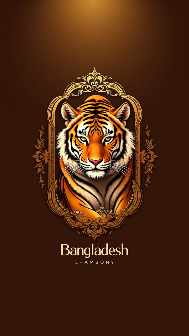 Capture the majesty of Bangladesh's logo: a regal tiger centered within an elegant golden frame, radiating strength and wildness. The tiger's sleek fur glistens in the warm light, as its piercing gaze commands attention. Boldly integrated below, the text 'Bangladesh' shines in a luxurious font, contrasting beautifully against the tiger's fiery coat. A symphony of gold, dark brown, and cream hues harmonize to evoke luxury, sophistication, and untamed power.