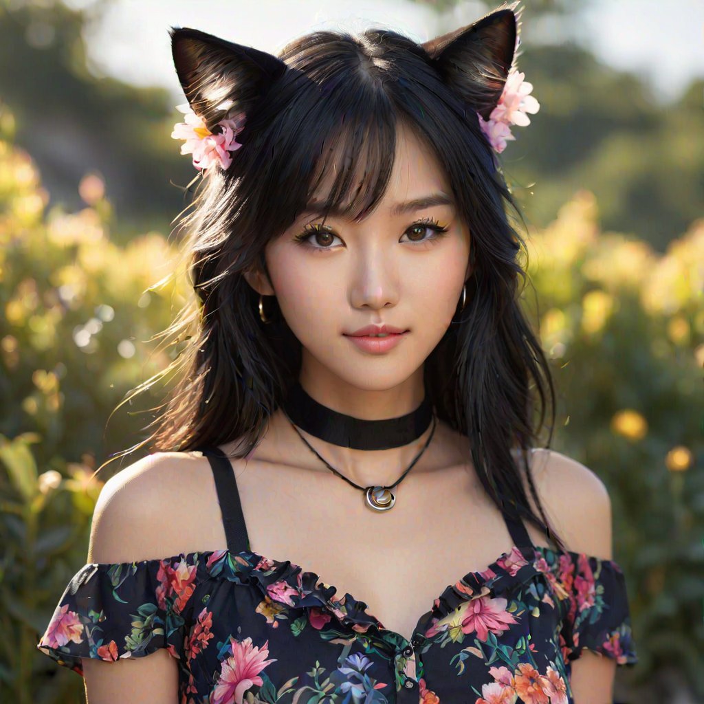 A close-up photorealistic photo of an 18-year-old Asian female, petite and toned with long black hair and striking black eyes. She leans forward, her cheerful expression radiating confidence. Her small breasts sag slightly, complemented by a tiny waist and wide hips. A choker, arm bracelet, and rings adorn her neck and arms. Mascara accentuates her eyes, while cat ears and tail add whimsical flair to the overall aesthetic. She wears a frilled shirt with a vibrant flower print, the scenery behind her subtly blurred. Cinematic angle and backlighting create a warm, volumetric glow as if illuminated by soft rays of sunlight.