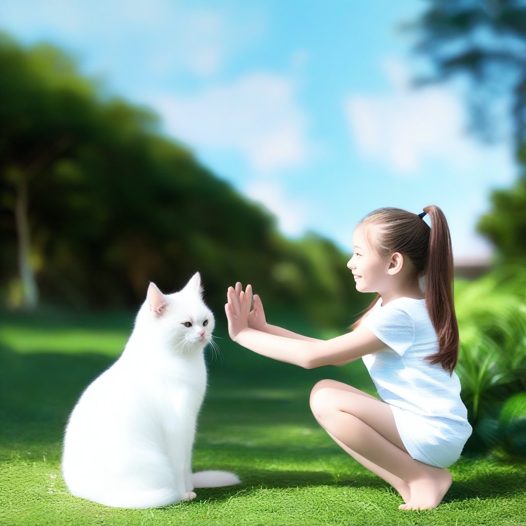 A serene outdoor scene with a young girl kneeling on a lush green lawn, playfully interacting with a fluffy, white cat. The girl's hands are outstretched, encouraging the cat to approach, while the cat's tail is curled up, indicating excitement. Soft, natural sunlight illuminates the scene, highlighting the girl's joyful expression and the cat's curious demeanor. The background features a few trees and a clear blue sky, emphasizing the peaceful setting.