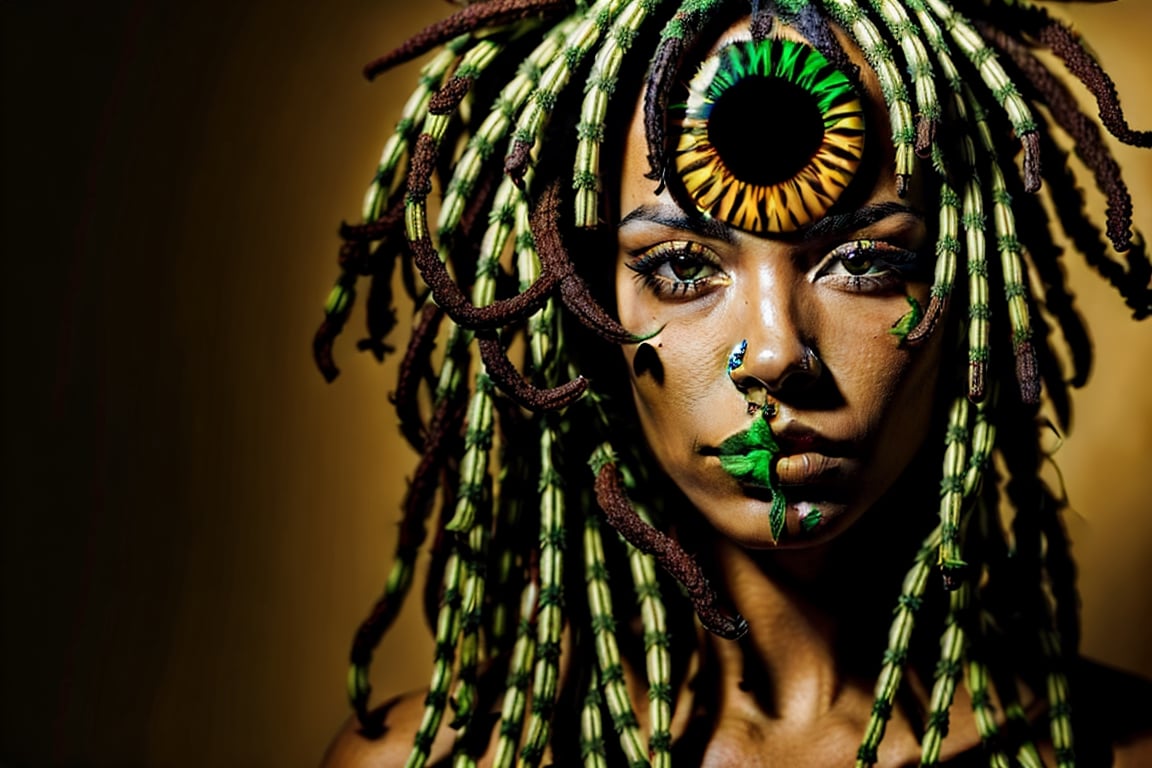 woman weed smoker , rasta hair , yellow eye, realistic