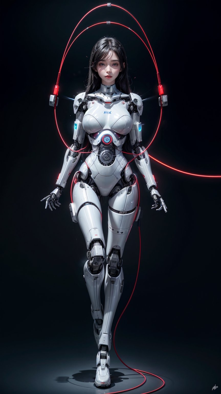 1girl, beautiful face, pale skin, black_hair, medium hair, robotic body, full body, sitting, wires, robotic legs, robotics arms, robotic body, robotic hands, futiristic, robotic, mechanical, armored, standing, expressionless face, damaged robotic body, black_robotic_body, alone, (wires), straight leg,cum in breast,Milk breast,mecha,bodycon