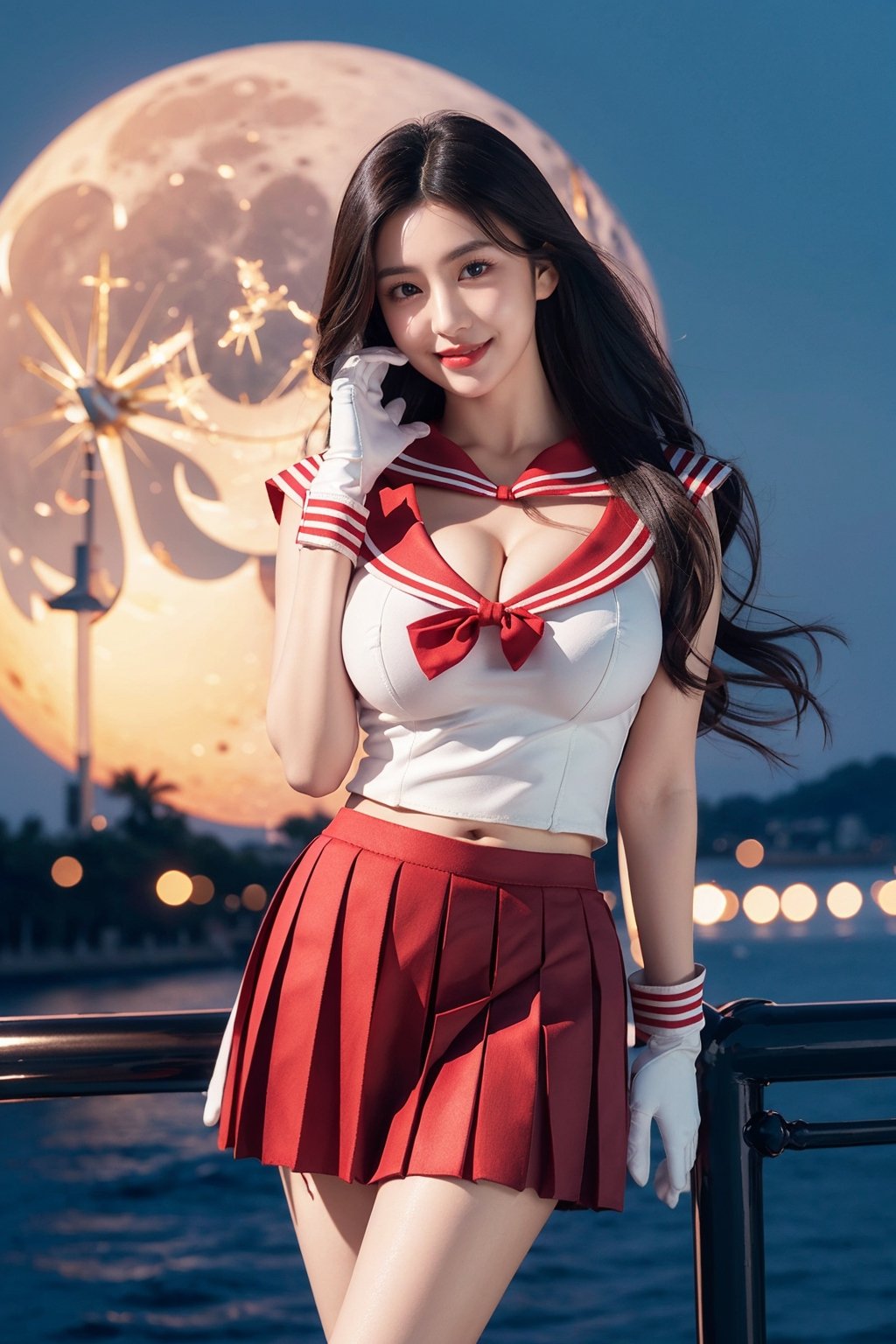 1girl, big breasts,revealing cleavage,solo, long hair, looking at viewer, smile, skirt, black hair, gloves, pleated skirt, outdoors, elbow gloves, white gloves, sailor collar, black eyes, night, red skirt, moon, full moon, realistic, sailor senshi uniform, red sailor collar, sailor mars