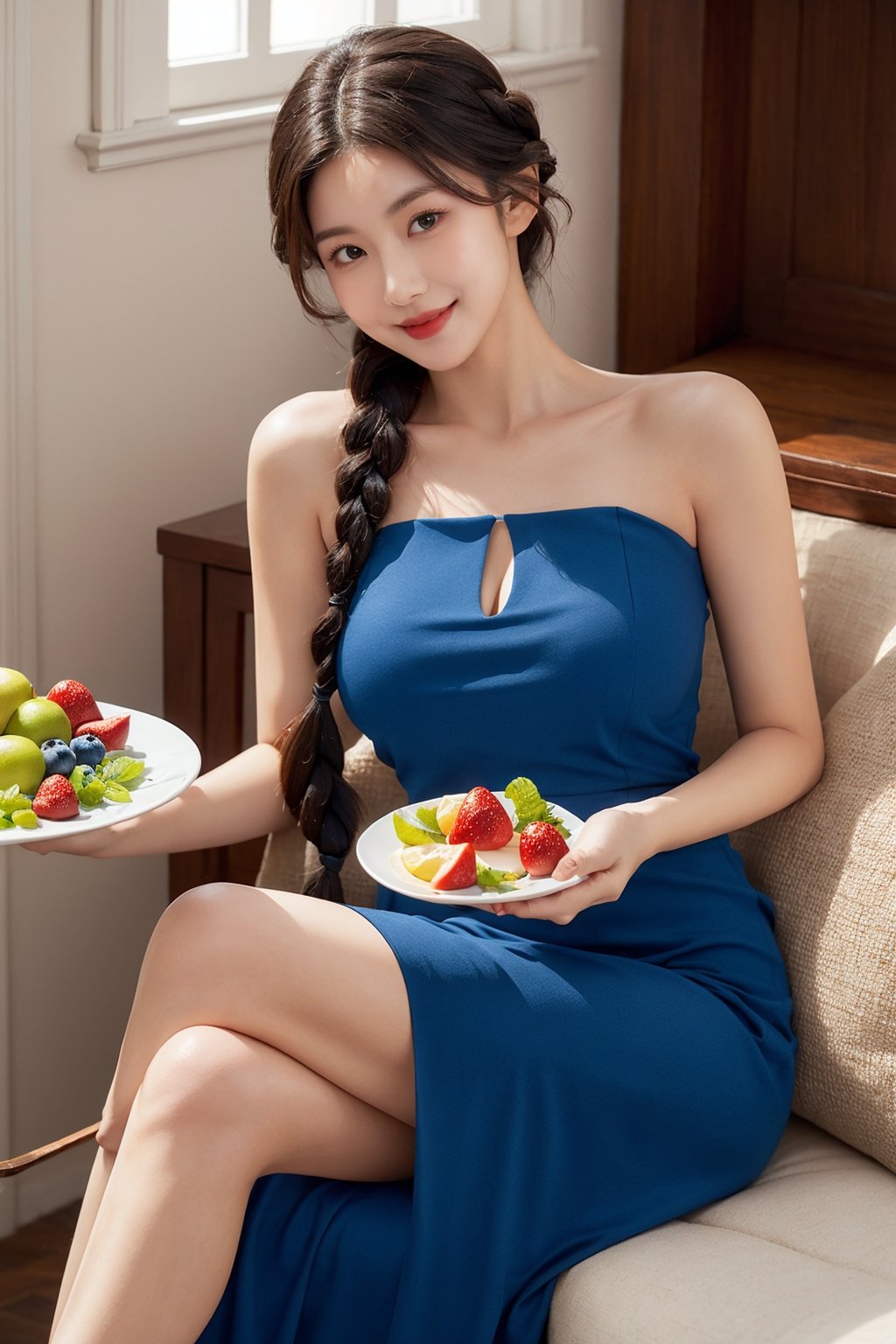 1girl, solo,big breasts,long hair, looking at viewer, smile, black hair, dress, sitting, braid, food, lips, pillow, fruit, blue dress, crossed legs, hair over shoulder, plate