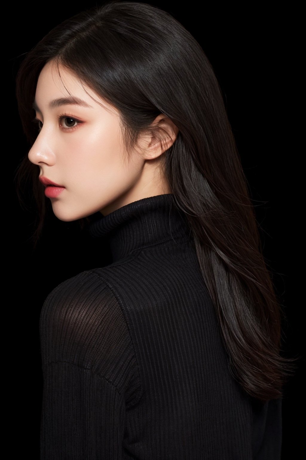 1girl, solo, long hair, looking at viewer, simple background, black hair, upper body, black eyes, from side, sweater, lips, turtleneck, black background, ribbed sweater, turtleneck sweater, realistic, nose, white sweater