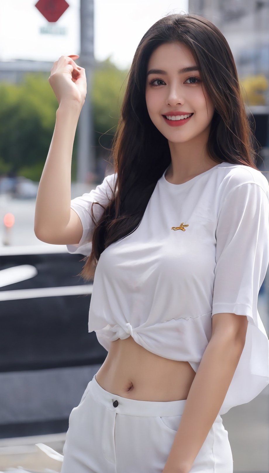 a beautiful girl in a white shirt, long hair and big boobs,keep smile 