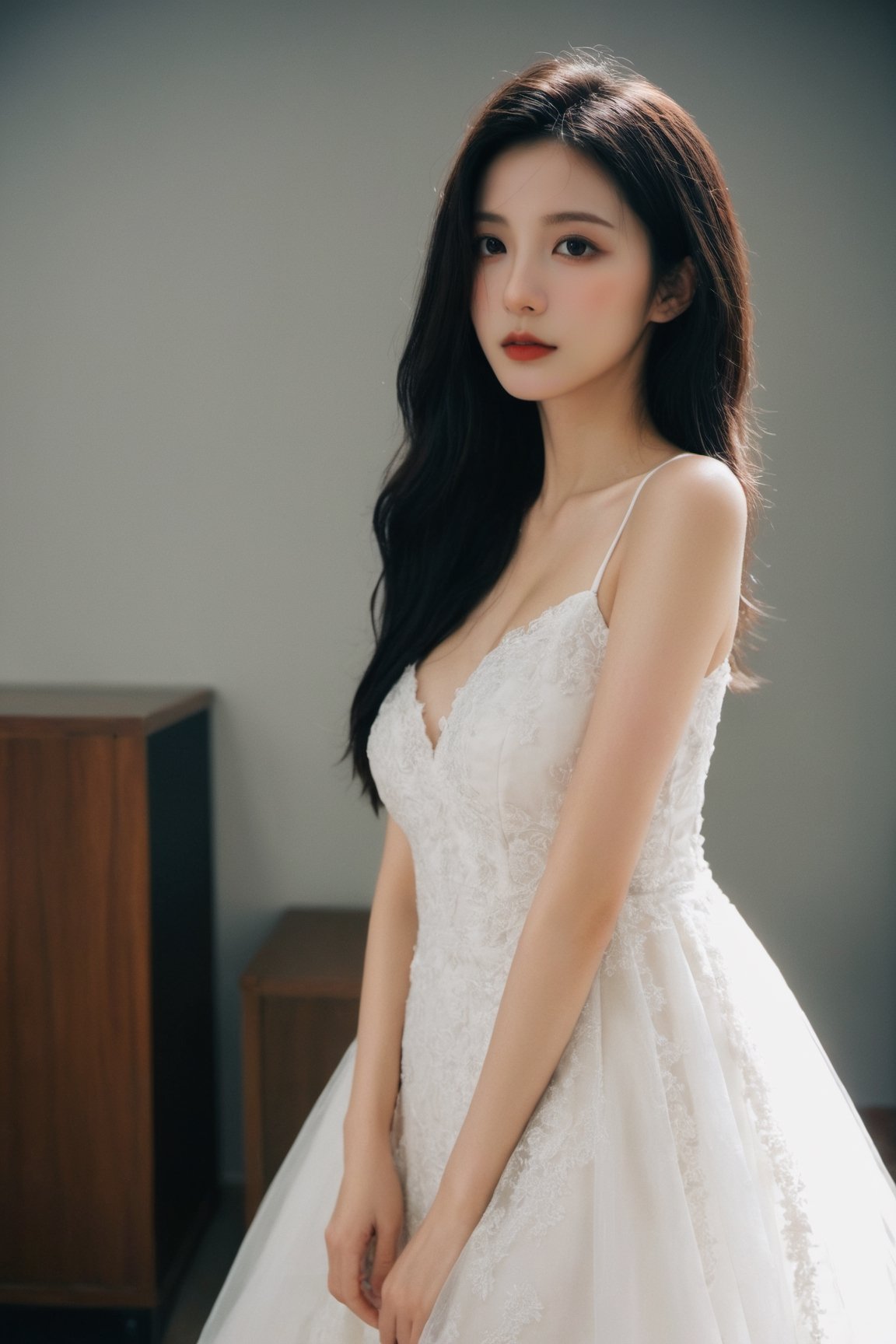 full body shot, full shot, wide shot, cute girl in beautiful white weddingsdress, polariod photo, filmgrain, full shot, full body, dynamic pose, (girl in suit, thin nose), (wearing beautiful white weddingdress:1.9), very long black hair, (updo hairstyle:1.4),(anxious face:1.3), (ahegao face:1.1), (blushed face:1.4), (realistic skin), (wedding background:1.8), (man in background:1.8), High quality texture, intricate details, detailed texture, High quality shadow, a realistic representation of the face, Detailed beautiful delicate face, Detailed beautiful delicate eyes,a face of perfect proportion, Depth of field, perspective,(big eyes:0.8), perfect body,distinct_image, (finely detailed beautiful eyes and detailed face), light source contrast,photorealistic, realistic,// realistic skin, slim waist, small hight, slim body, (huge breasts:1.2),((gigantic breasts:1.8)),(pureerosface_v1:0.5) , (ulzzang-6500-v1.1:0.5),ahg, ,1 girl,jisoo,yoona,goyoonjung,Girl,jeon_jihyun
