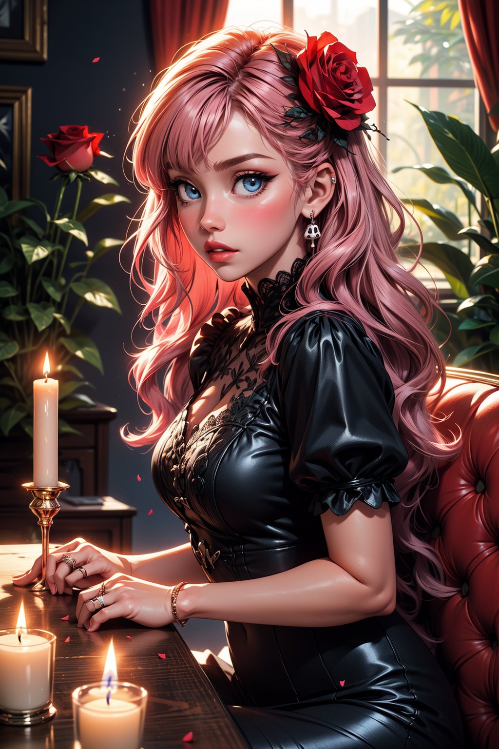 1girl, solo, long hair, looking at viewer, blush, bangs, blue eyes, hair ornament, dress, jewelry, pink hair, flower, short sleeves, earrings, parted lips, puffy sleeves, indoors, hair flower, black dress, puffy short sleeves, petals, rose, ring, plant, red flower, skull, red rose, candle, thorns