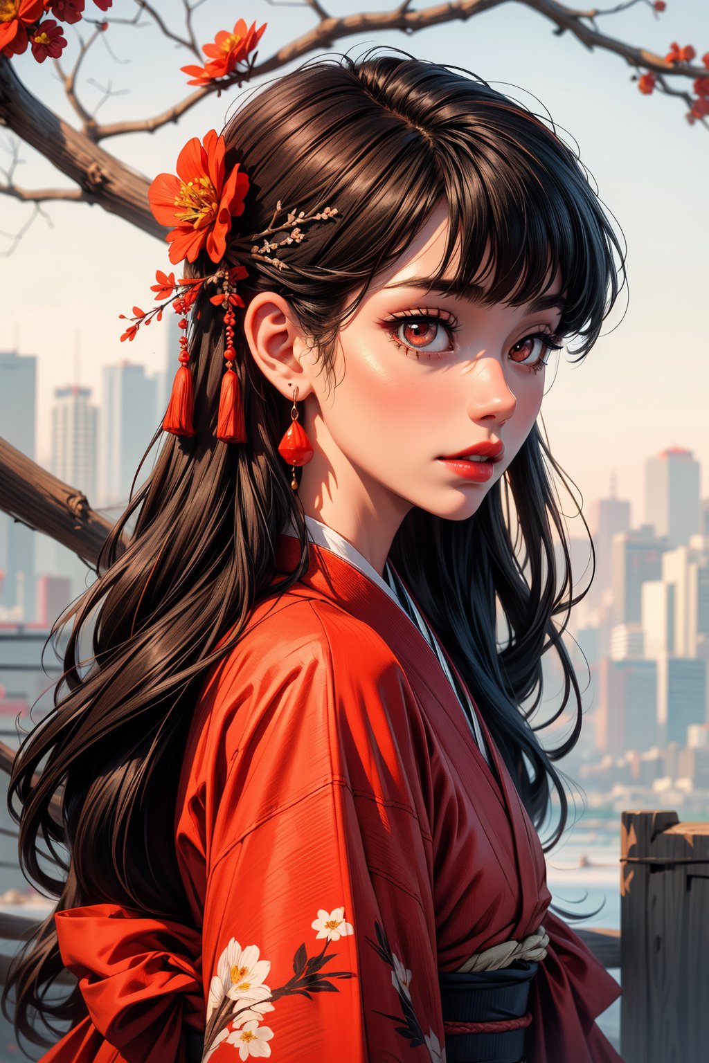 1girl, solo, long hair, looking at viewer, bangs, black hair, hair ornament, red eyes, brown eyes, jewelry, closed mouth, upper body, flower, earrings, japanese clothes, blunt bangs, kimono, from side, lips, looking to the side, sash, obi, branch, red lips, black kimono