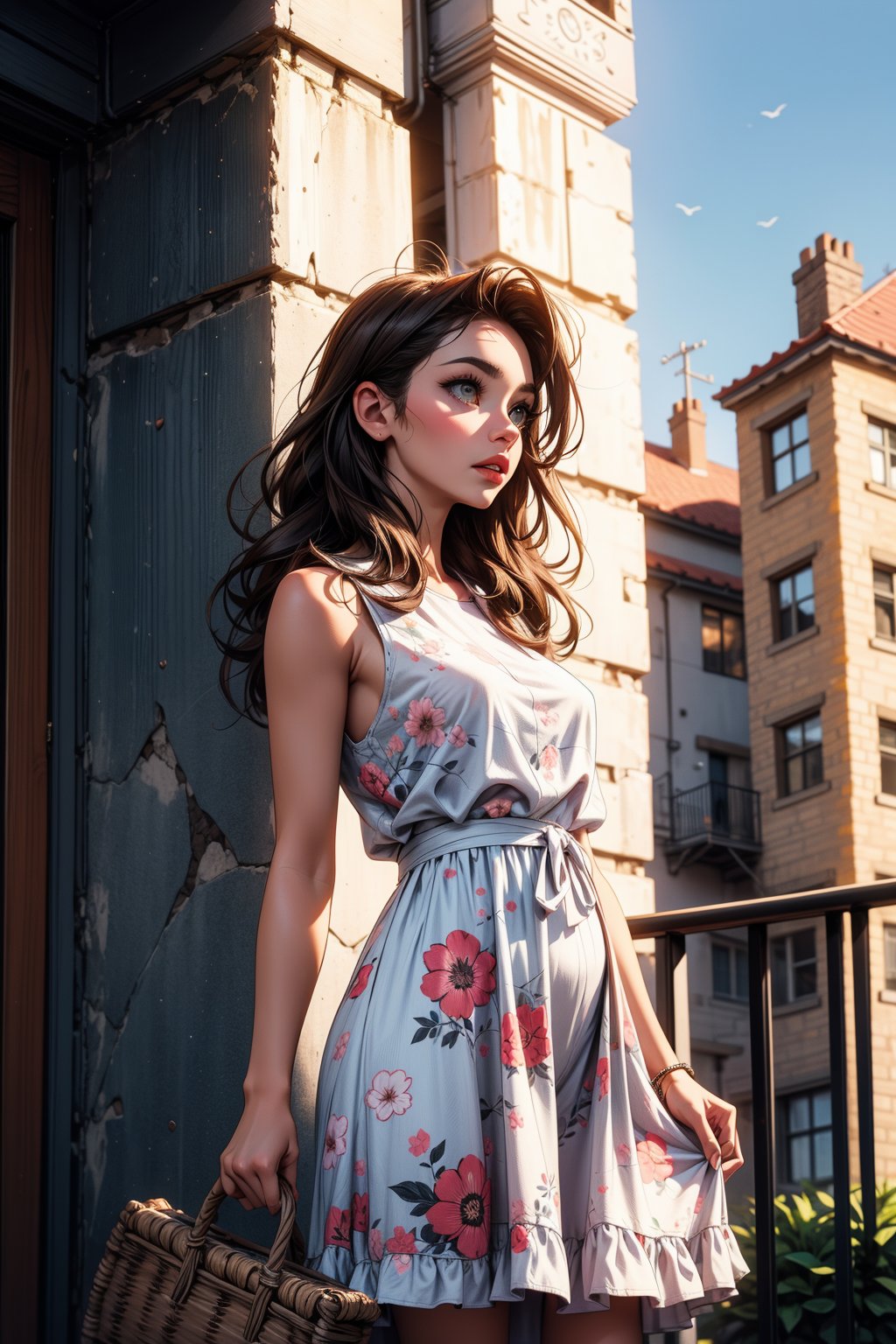 a woman stands on a balcony, leaning against a gray wall. She is dressed in a salmon colored sleeveless dress adorned with a floral pattern. Her long, dark brown hair is cascading down her shoulders, adding a touch of warmth to her dress. The backdrop of the scene is a clear blue sky, with a row of buildings in the distance. To the right of the woman, a wicker chair is visible.