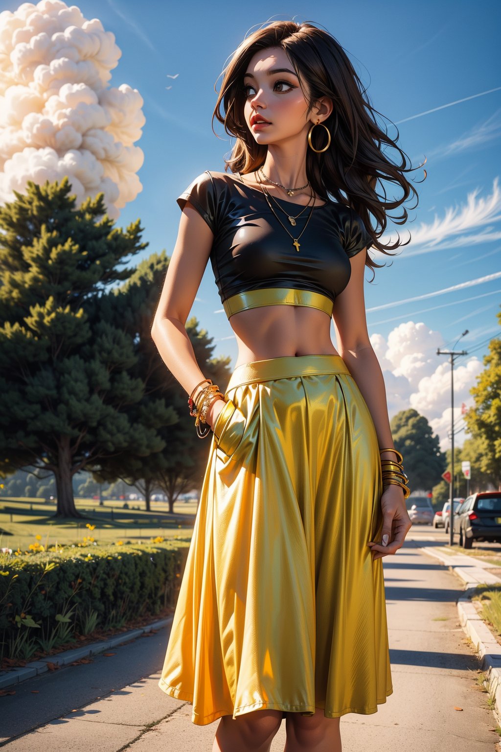 1girl, solo, long hair, skirt, brown hair, black hair, jewelry, outdoors, sky, midriff, cloud, necklace, bracelet, tree, ((yellow crop top)), scenery, realistic, ((yellow skirt))