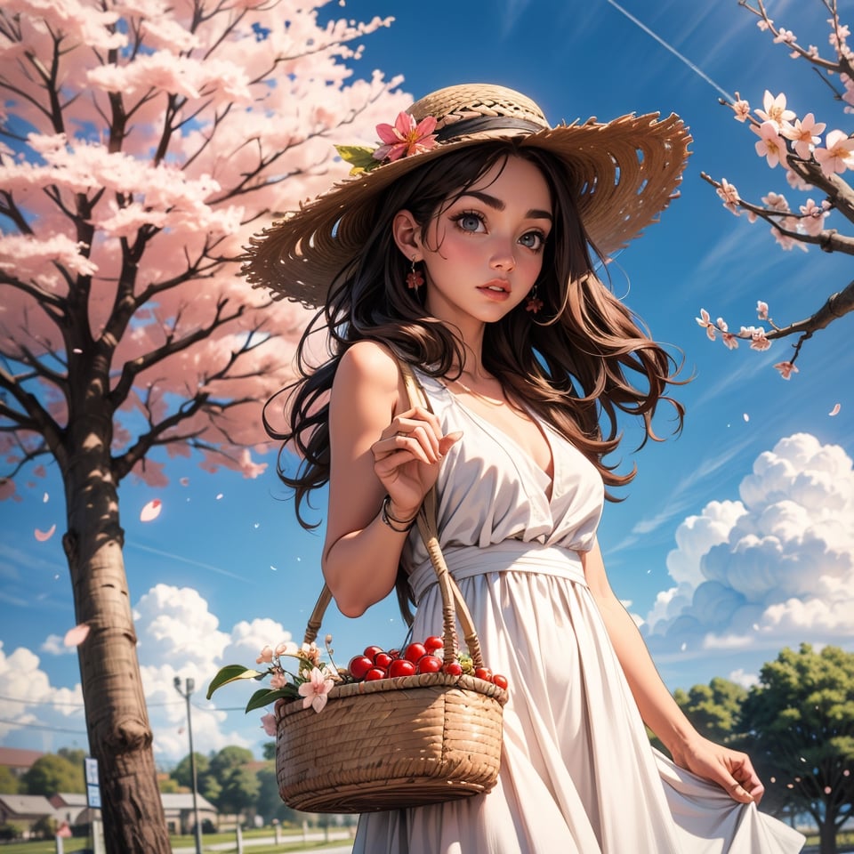 1girl, solo, brown hair, black hair, hat, dress, flower, outdoors, white dress, tree, fruit basket in hand, cherry blossoms, sun hat, straw hat, basket