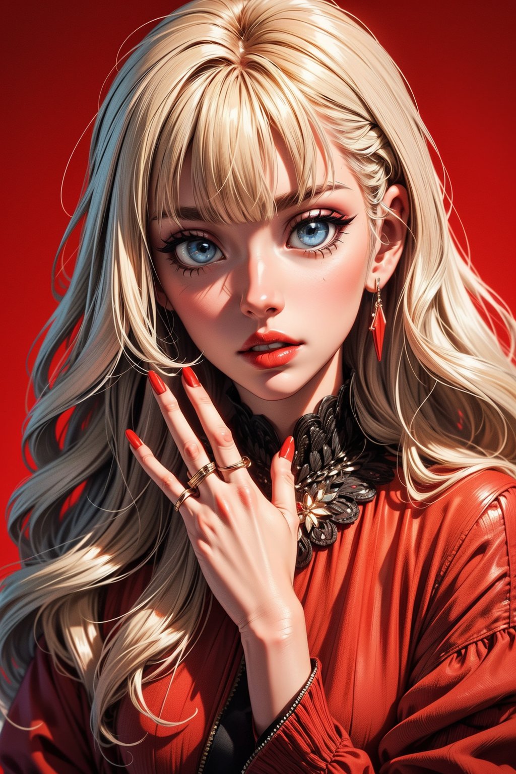 1girl, solo, long hair, looking at viewer, bangs, blue eyes, blonde hair, simple background, jewelry, parted lips, blunt bangs, nail polish, fingernails, makeup, ring, red background, red lips, red theme, peeking out