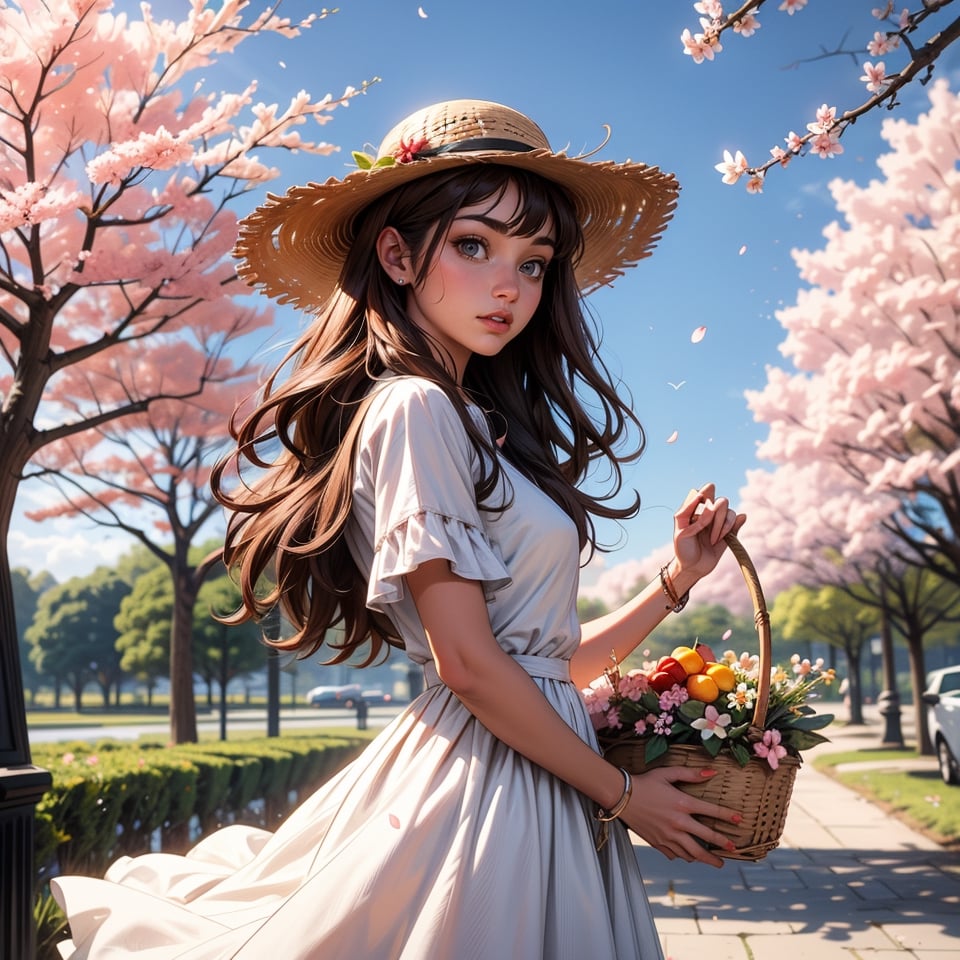 1girl, solo, brown hair, black hair, hat, dress, flower, outdoors, white dress, tree, fruit basket in hand, cherry blossoms, sun hat, straw hat, basket