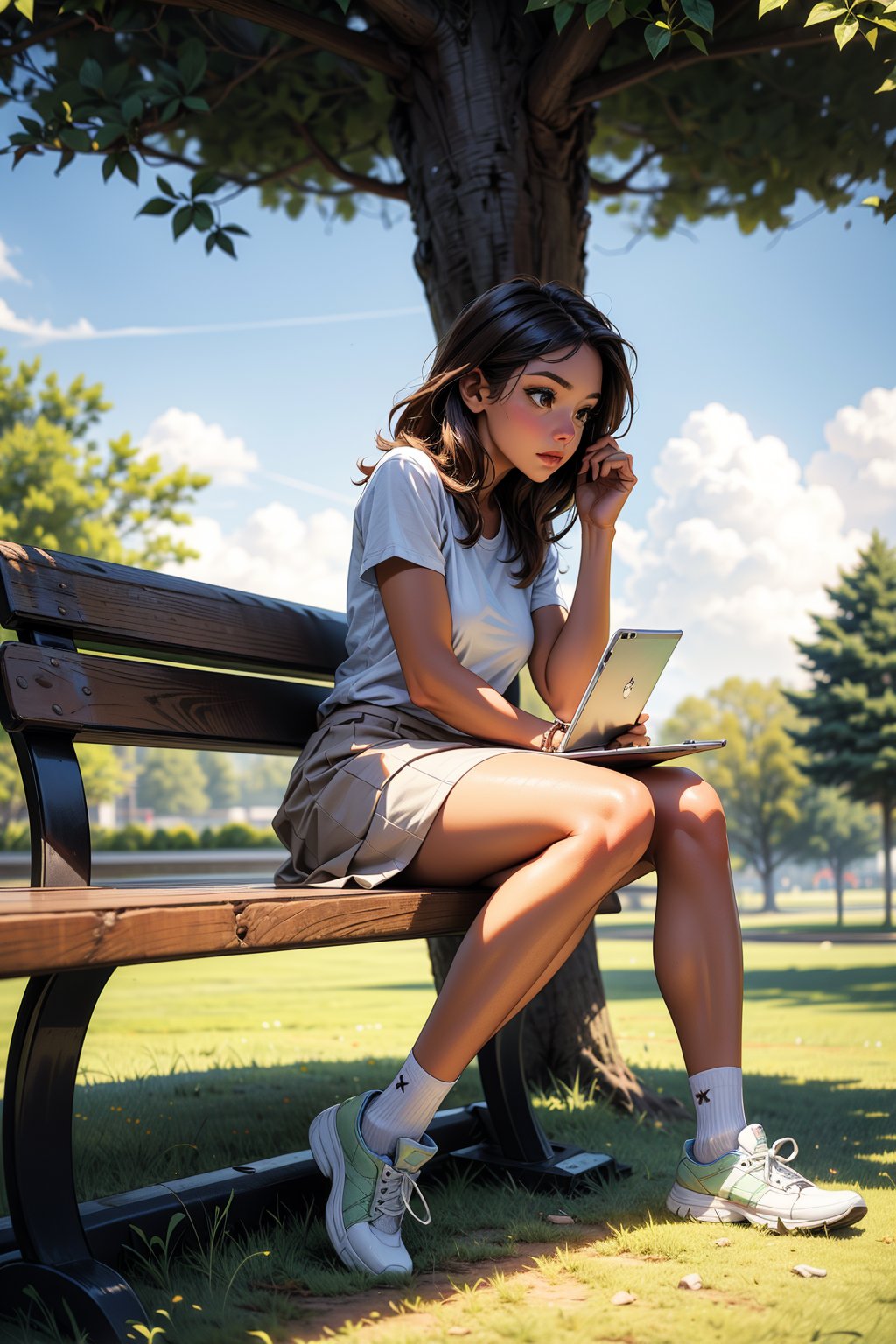 a medium-sized woman is seated on a green park bench. She is dressed in a short-sleeved brown shirt, a white skirt, and white slip-on shoes. Her left hand is resting on her hip, while her right hand is holding a tablet. She has long dark brown hair, and she is looking off to the side. Her right foot is crossed, and her left foot is slightly bent at the elbow, while the right foot rests on the bench. The bench is set against a backdrop of lush green grass and trees. The sun is shining on the right side of the image, casting a shadow onto the woman.