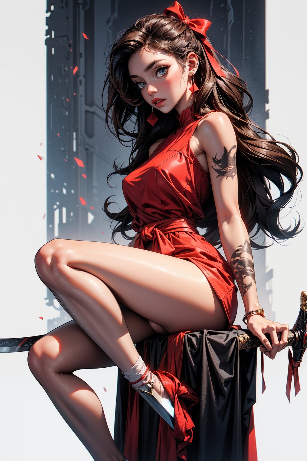 a medium-sized cartoon depiction of a woman in a red dress, sitting on a white surface with a sword in her right hand. Her left arm is adorned with a tattoo, adding a touch of color to the scene. The woman's hair is a vibrant shade of brown, and her eyes are a piercing blue. The sword she is holding is a dark red, with a red handle, and a red ribbon wrapped around her waist. The background is a stark white, and the woman's legs are covered in red ribbons, adding depth to the composition. To the bottom left corner of the image, a QR code can be seen.