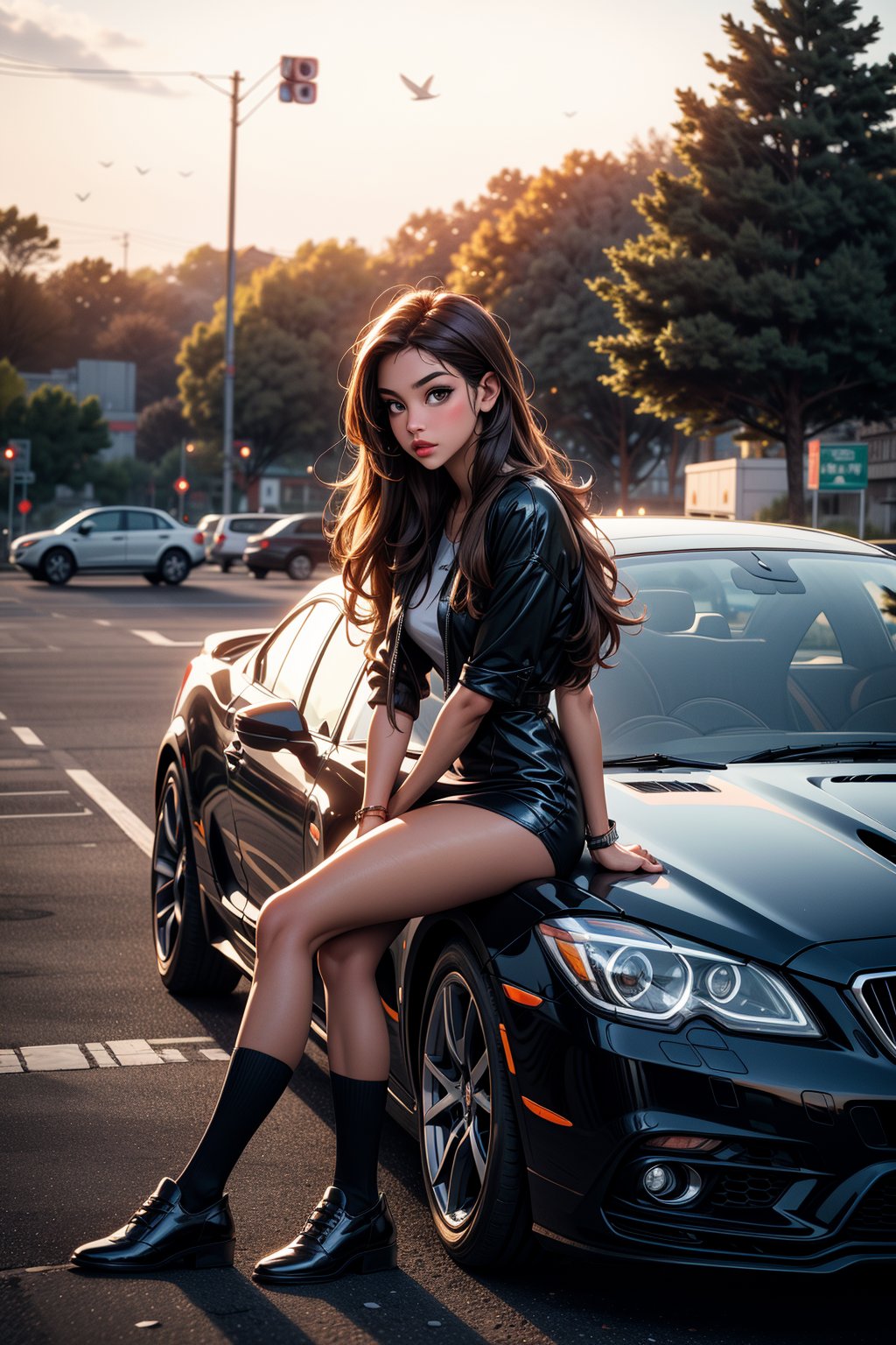 1girl, solo, long hair, brown hair, dress, sitting, outdoors, dark skin, water, dark-skinned female, tree, legs, ground vehicle, motor vehicle, realistic, car, photo background