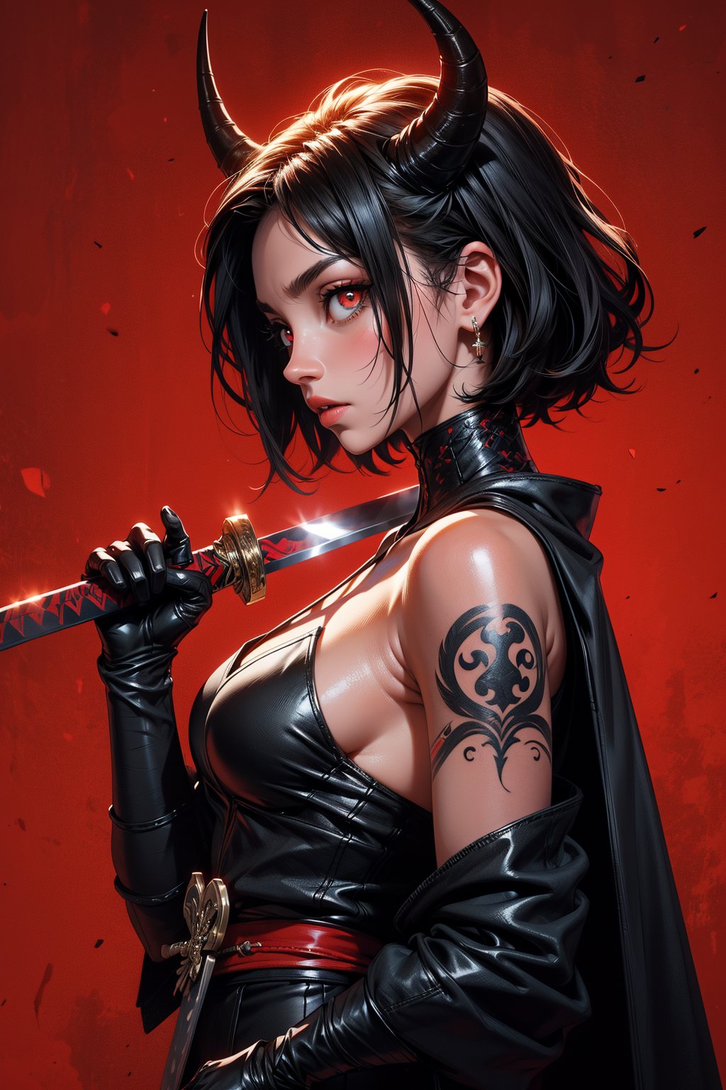 1girl, solo, looking at viewer, short hair, black hair, red eyes, gloves, holding, jewelry, upper body, weapon, horns, black gloves, sword, holding weapon, from side, tattoo, holding sword, katana, red background, arm tattoo, over shoulder, weapon over shoulder, sword over shoulder