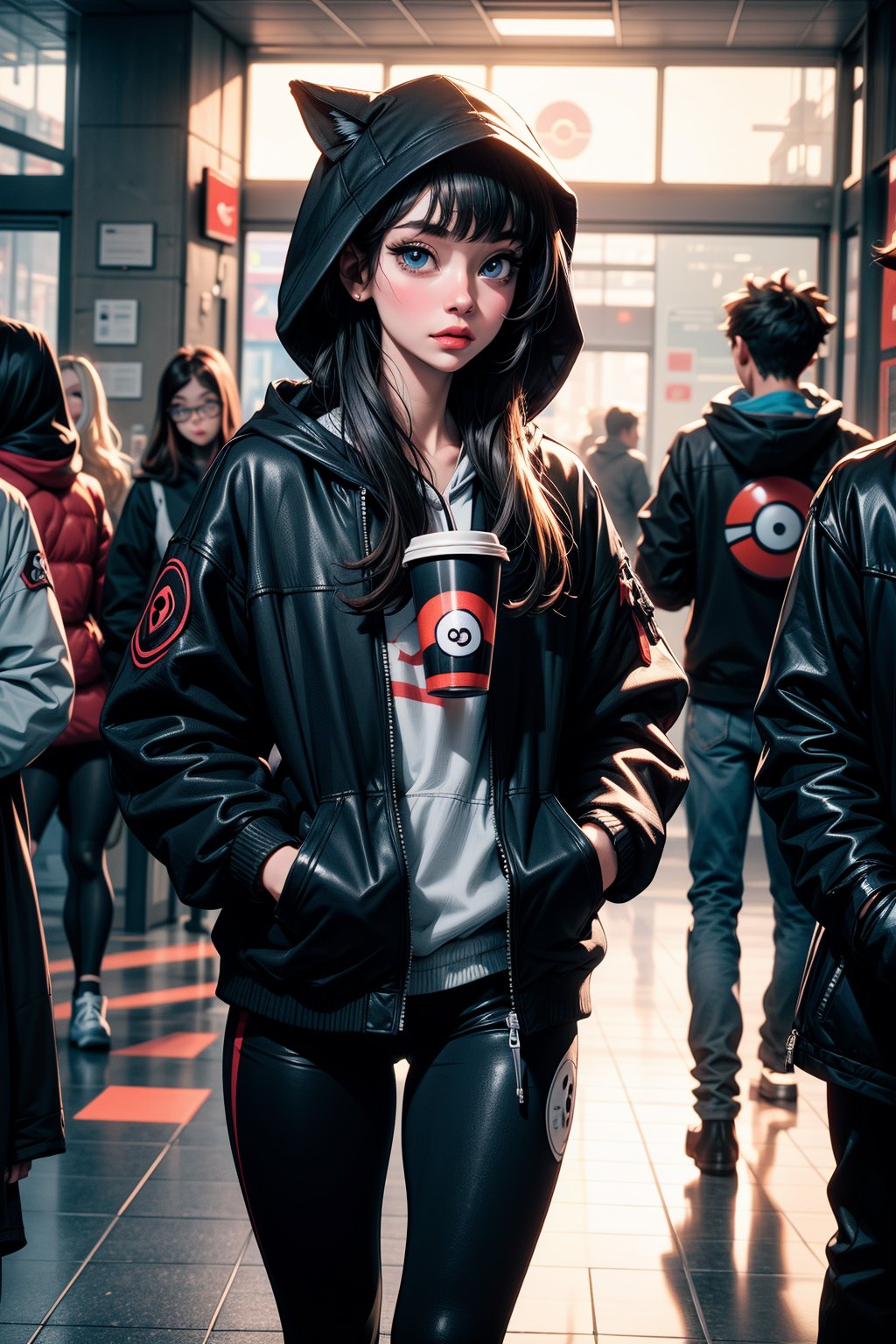 1girl, long hair, looking at viewer, bangs, blue eyes, black hair, long sleeves, holding, closed mouth, standing, jacket, indoors, hood, blurry, cup, lips, black jacket, pokemon \(creature\), hoodie, depth of field, hooded jacket, hood up, walking, poke ball, hand in pocket, poke ball \(basic\), holding poke ball, umbreon