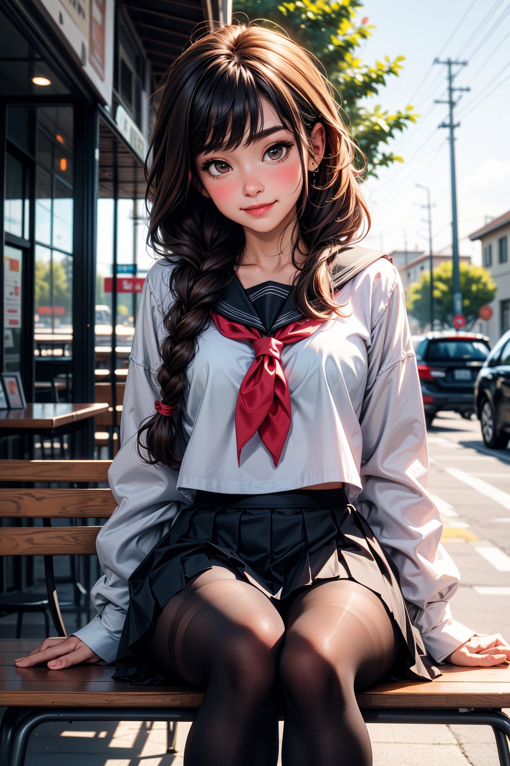 1girl, solo, long hair, looking at viewer, blush, smile, bangs, skirt, brown hair, shirt, long sleeves, brown eyes, sitting, closed mouth, school uniform, collarbone, braid, pantyhose, pleated skirt, outdoors, serafuku, day, black skirt, sailor collar, blurry, twin braids, tree, cup, neckerchief, parted bangs, black pantyhose, black shirt, blurry background, feet out of frame, table, teacup, black sailor collar, black serafuku, bench, white neckerchief, cafe