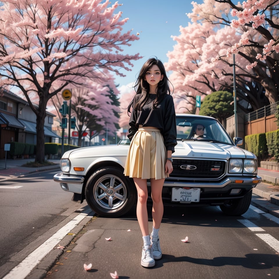 1girl, solo, long hair, skirt, black hair, standing, outdoors, shoes, tree, white footwear, cherry blossoms, ground vehicle, motor vehicle, car, road, yellow skirt, photo background