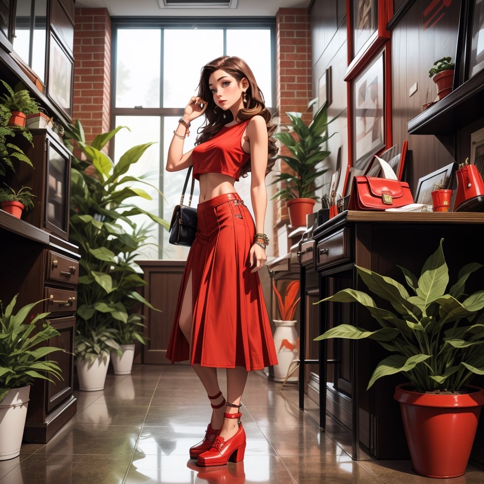 1girl, solo, long hair, red skirt, brown hair, black hair, holding, jewelry, standing, full body, shoes, sleeveless, indoors, hand up, bag, bracelet, crop top, plant, denim, red footwear, red shirt, long skirt, watch, handbag, wristwatch, potted plant, wide shot, photo background, sexy