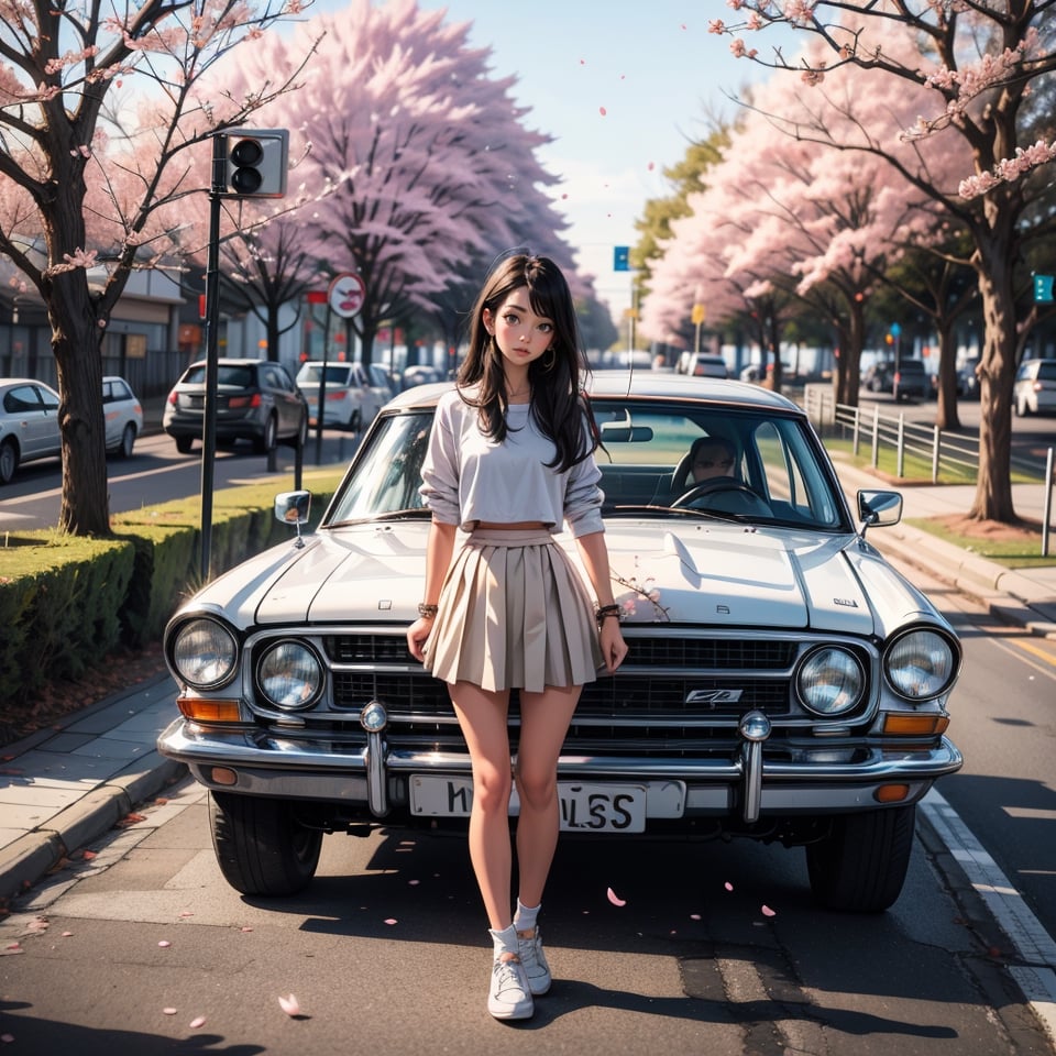 1girl, solo, long hair, skirt, black hair, standing, outdoors, shoes, tree, white footwear, cherry blossoms, ground vehicle, motor vehicle, car, road, yellow skirt, photo background