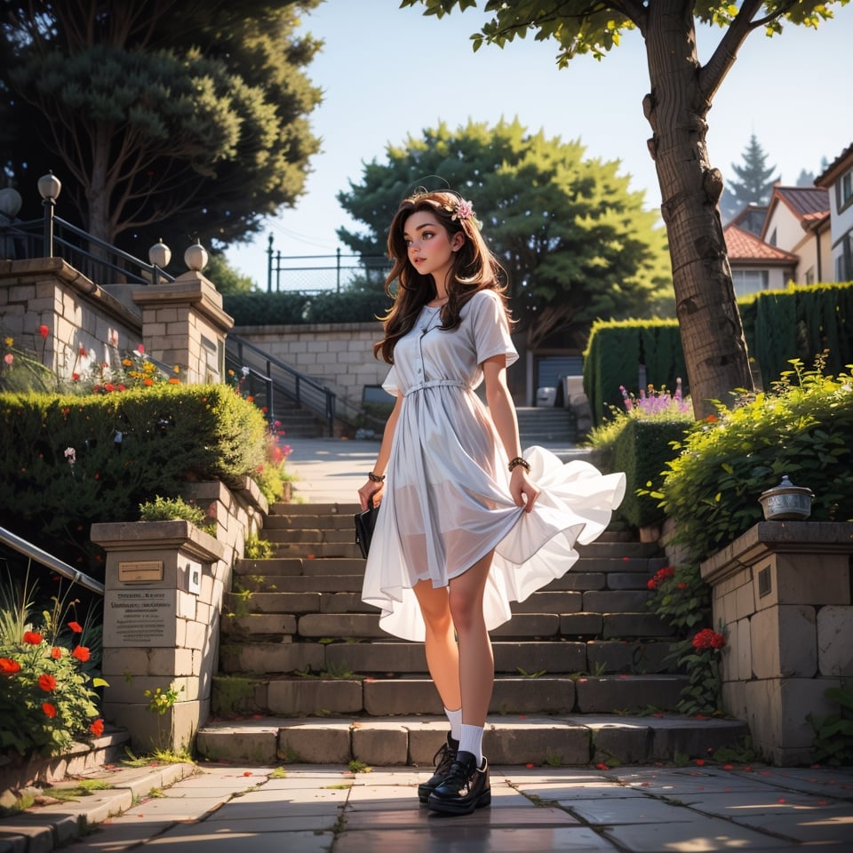 1girl, solo, long hair, brown hair, dress, standing, flower, short sleeves, outdoors, black footwear, white dress, tree, plant, stairs, clock, wide shot