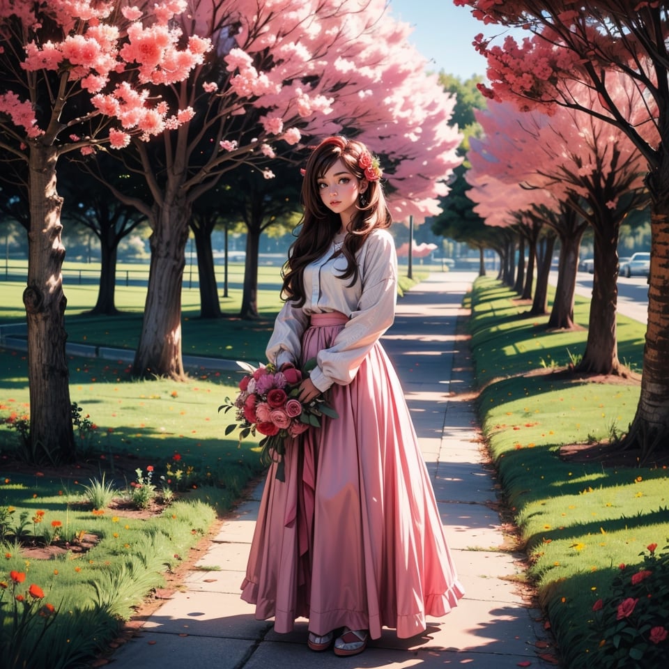 1girl, solo, long hair, skirt, brown hair, long sleeves, holding, standing, flower, outdoors, tree, plant, pink flower, long skirt, bouquet, photo background