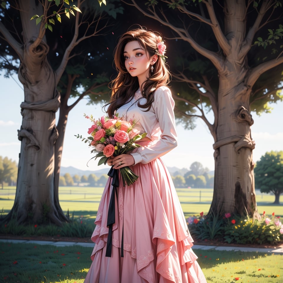 1girl, solo, long hair, skirt, brown hair, long sleeves, holding, standing, flower, outdoors, tree, plant, pink flower, long skirt, bouquet, photo background