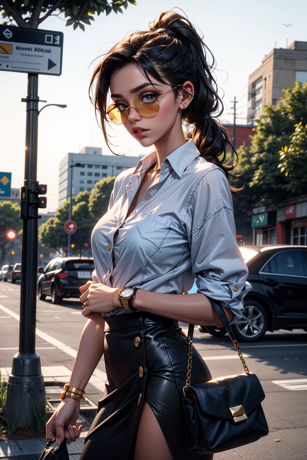 a woman stands in front of a backdrop of tall buildings. She is dressed in a short-sleeved blue button-down shirt, a black skirt, and a black purse. Her hair is pulled back in a ponytail, and she is wearing a pair of black sunglasses on her head. Her left hand is draped over her left shoulder, adding a touch of contrast to her outfit. Her right hand is adorned with a gold watch, while her left hand rests on her left wrist. The woman's left wrist is wrapped in a gold ring, and her right hand has a gold band on it. The background is blurred, with a few trees and buildings in the distance.