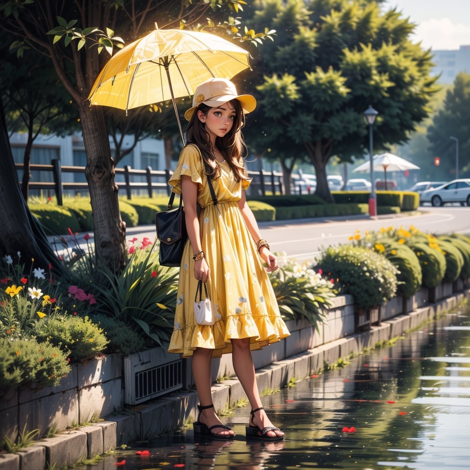 1girl, solo, long hair, brown hair, hat, ((yellow dress)), flower, outdoors, water, umbrella, sandals