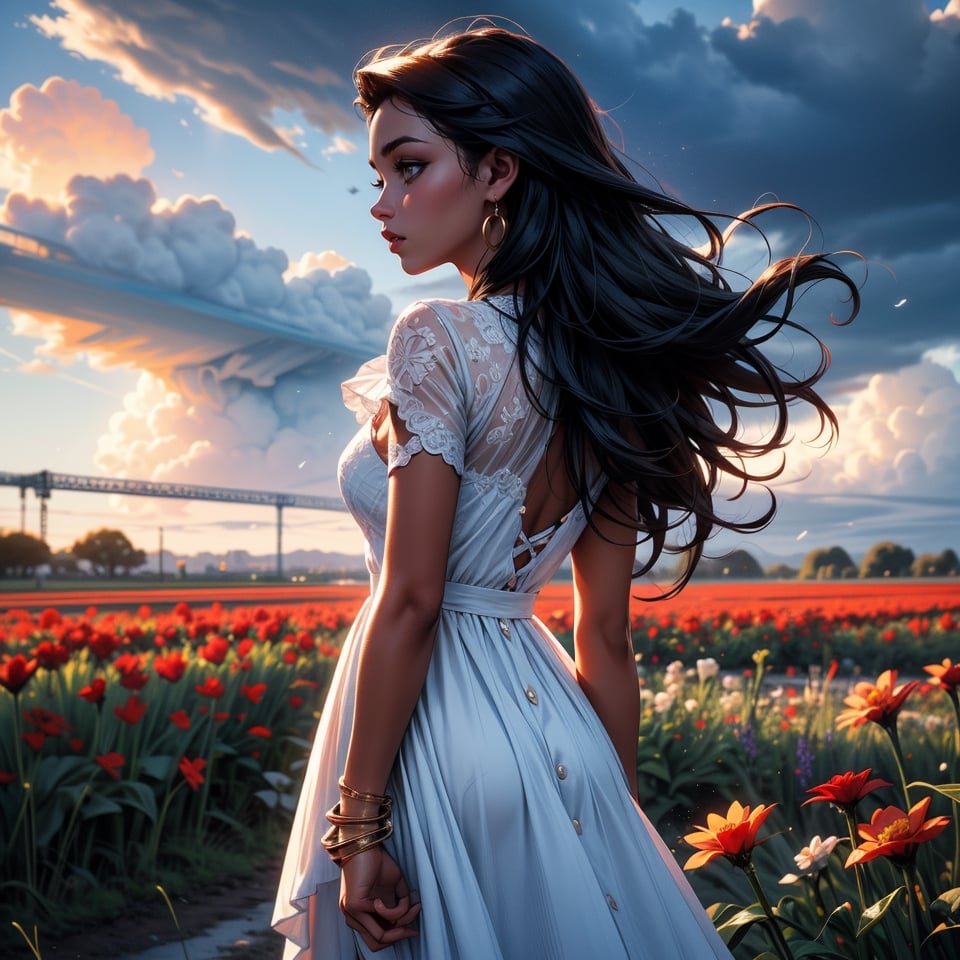 1girl, solo, long hair, black hair, dress, jewelry, standing, flower, outdoors, sky, day, cloud, dark skin, white dress, blurry, bracelet, dark-skinned female, cloudy sky, realistic, field, very dark skin