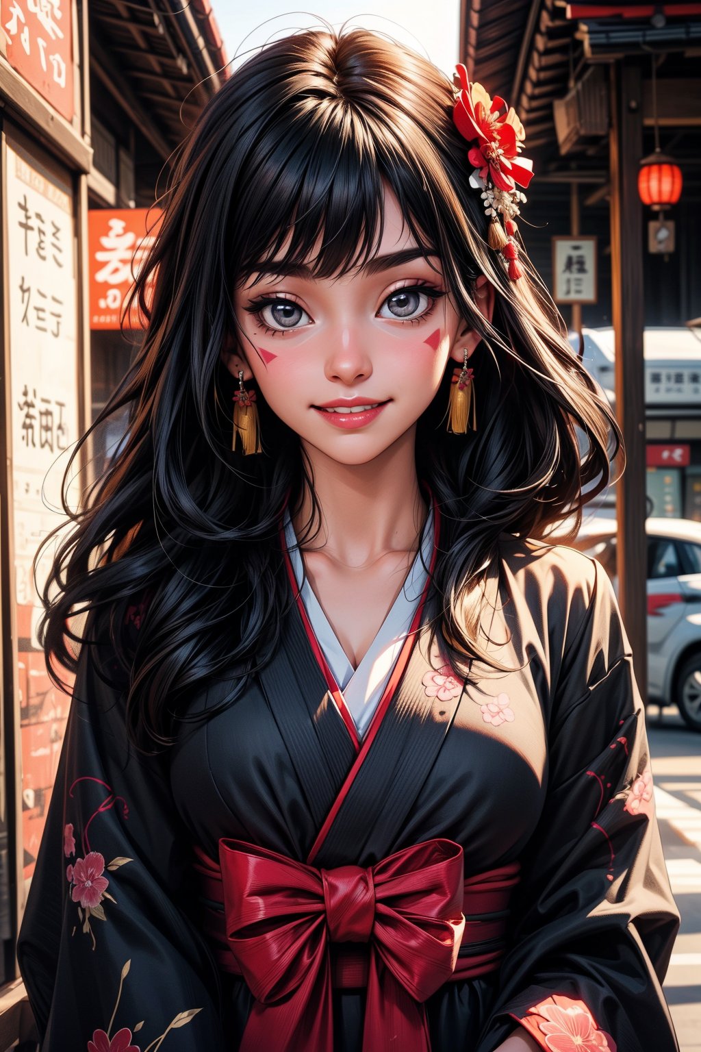 1girl, solo, long hair, smile, bangs, black hair, hair ornament,, open eyes, upper body, japanese clothes, kimono, facial mark, , facing viewer, black kimono, egasumi