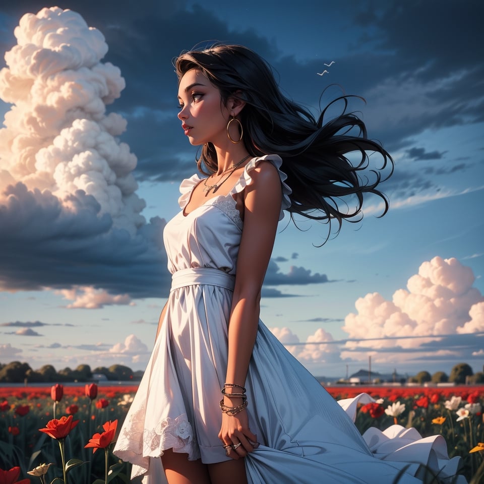 1girl, solo, long hair, black hair, dress, jewelry, standing, flower, outdoors, sky, day, cloud, dark skin, white dress, blurry, bracelet, dark-skinned female, cloudy sky, realistic, field, very dark skin