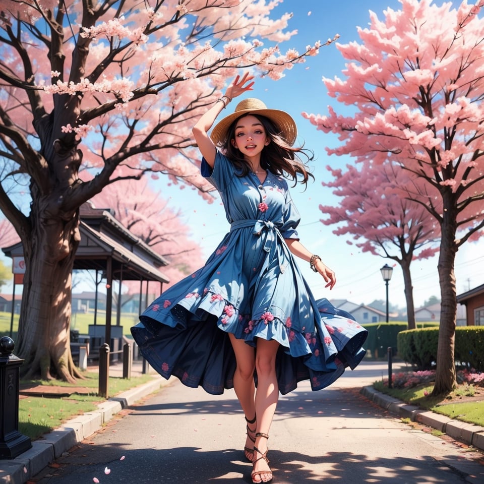 1girl, solo, hat, dress, open eyes, outdoors, arm up, tree, blue dress, sandals, cherry blossoms, musical note, realistic, straw hat, spoken musical note, photo background