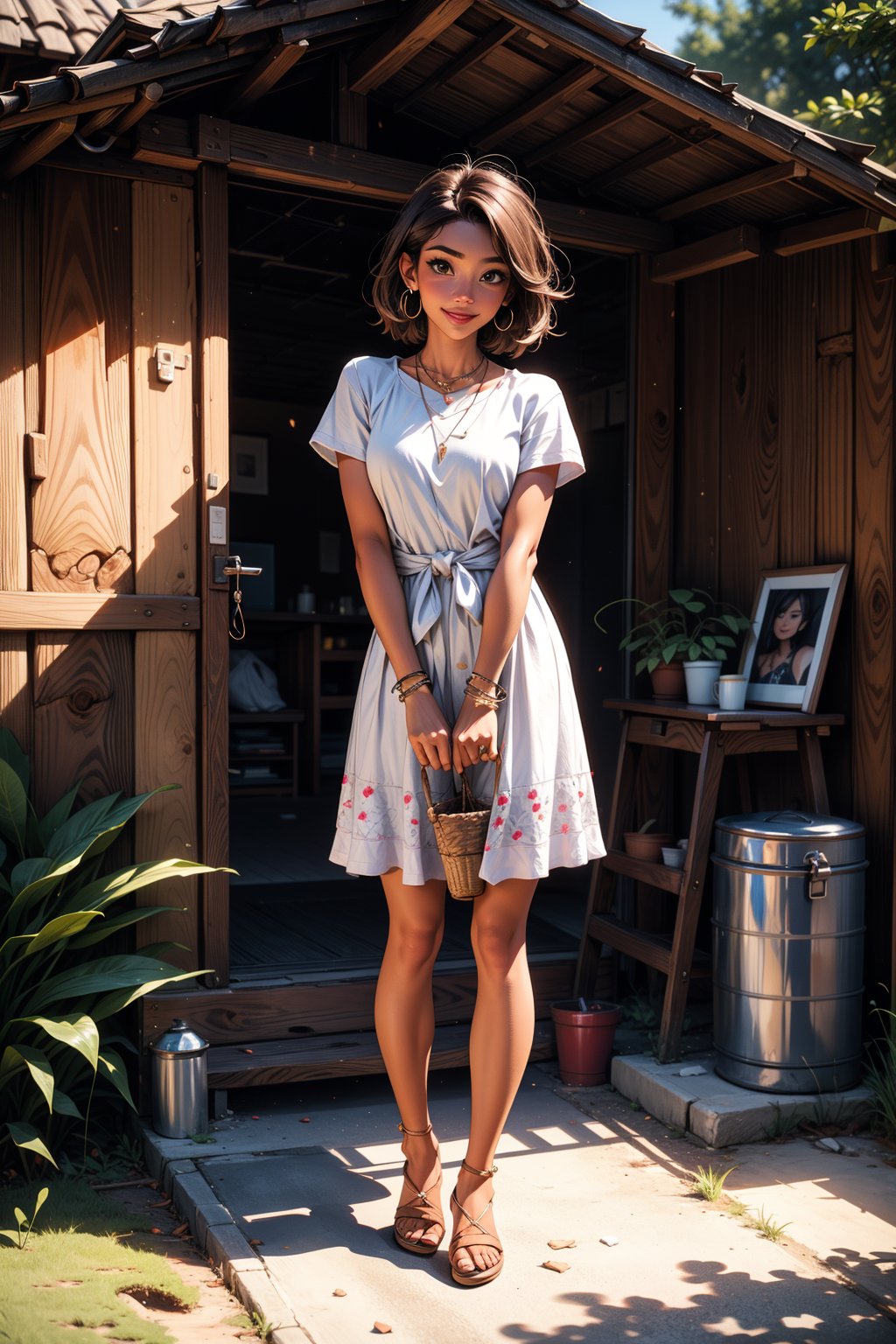 a woman stands in front of a straw hut. She is dressed in a short sleeved brown dress, adorned with a necklace and earrings. Her hair is styled in a sleek bob, and she is smiling. The woman's hair is dark brown, and her skin is a light brown. The hut casts a shadow on the ground, adding a touch of depth to the scene.