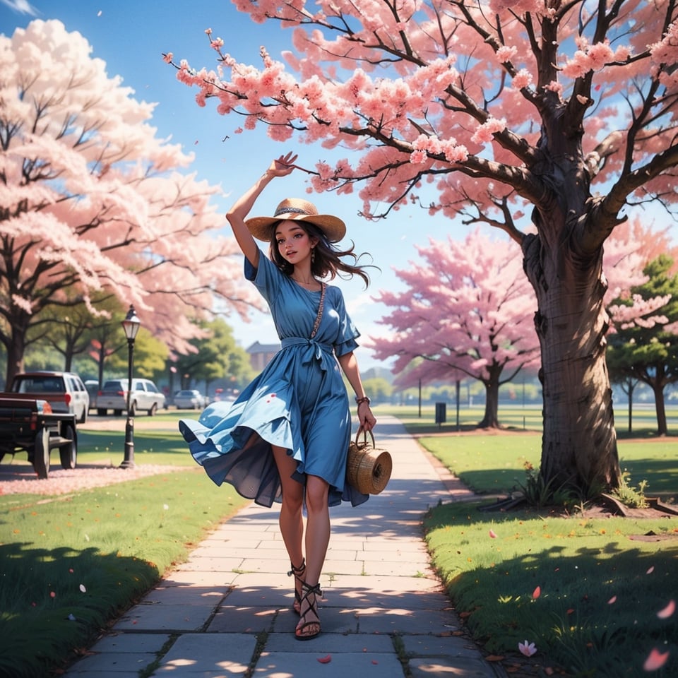 1girl, solo, hat, dress, open eyes, outdoors, arm up, tree, blue dress, sandals, cherry blossoms, musical note, realistic, straw hat, spoken musical note, photo background