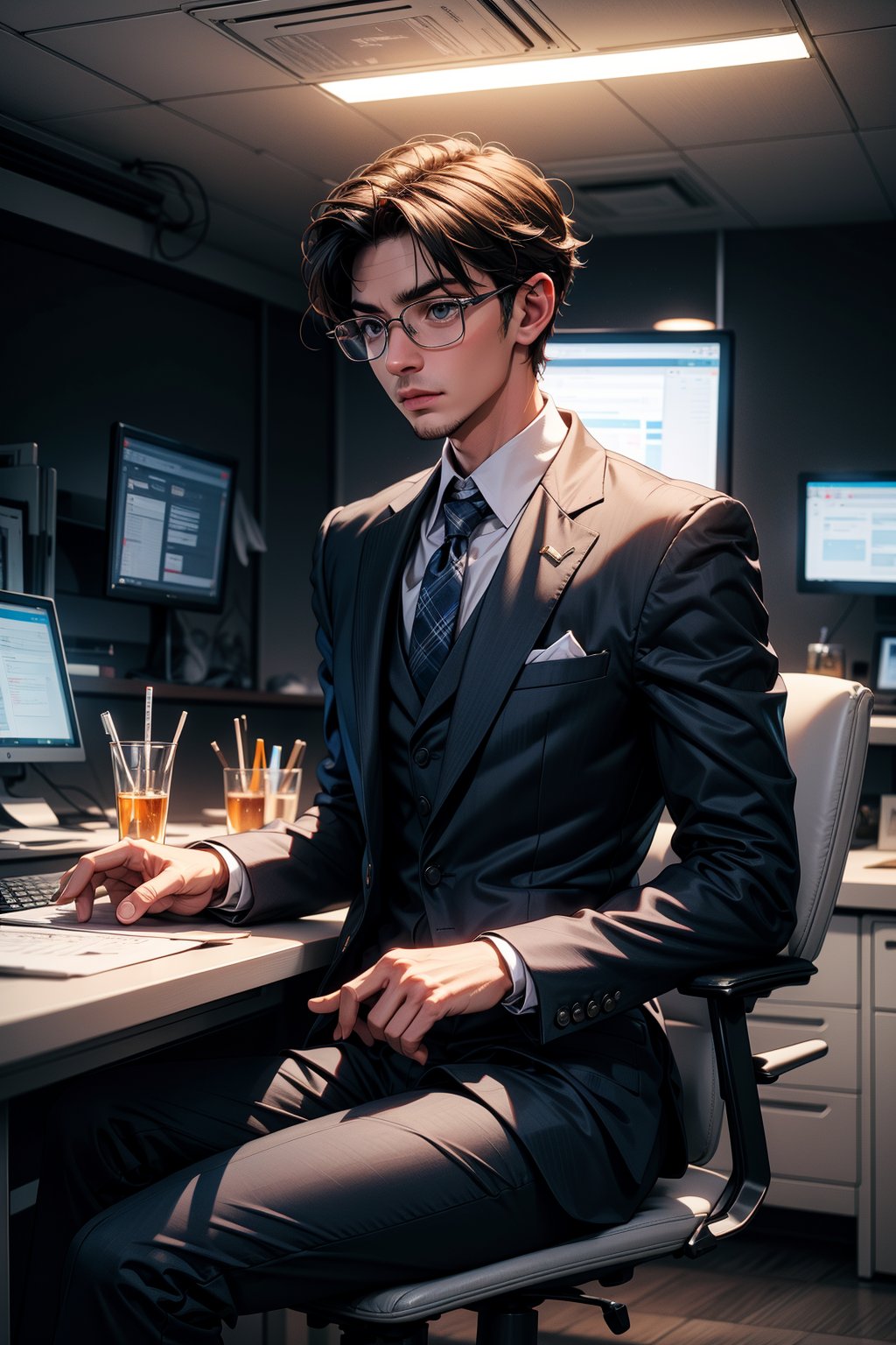 A wide shot business man wearing a suit sitting in a luxury office.