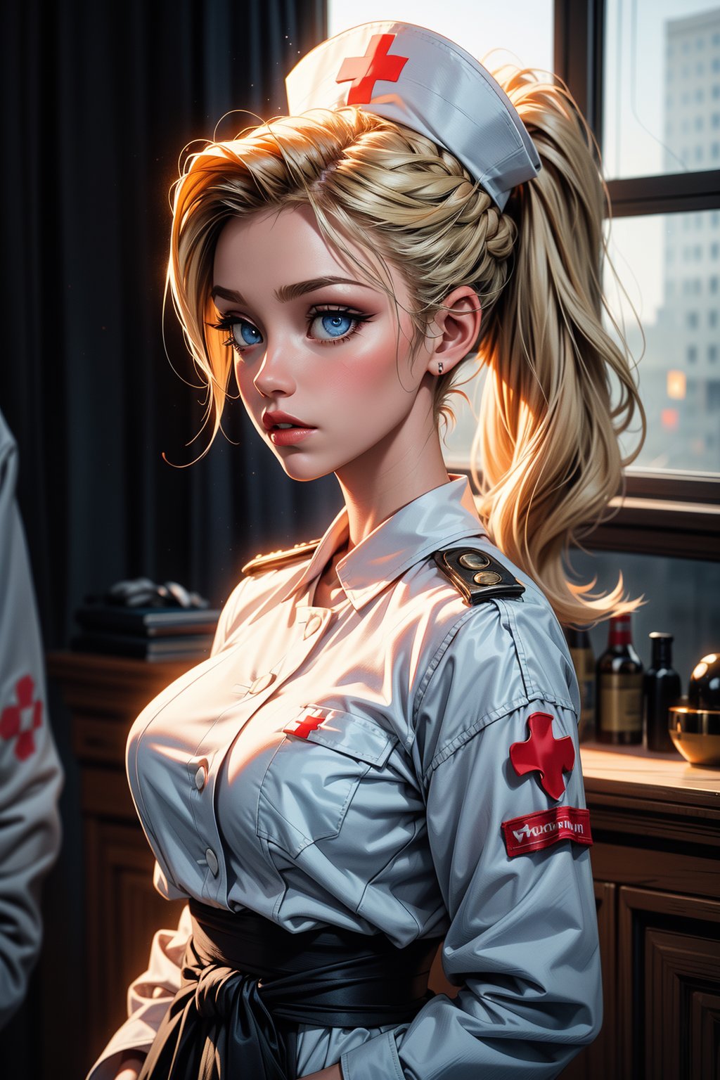 a 3D rendering of a blonde woman with blue eyes and a white nurse's hat adorned with a red cross on her head. The woman's hair is long and cascades over her shoulders. She is dressed in a white uniform with a blue sash around her waist and a red button on her chest. Her eyes are tinted blue and her lips are a darker shade of blue. Her hair is pulled back in a ponytail, adding a pop of color to the scene. The backdrop is a stark white wall with a window on the left side of the image.