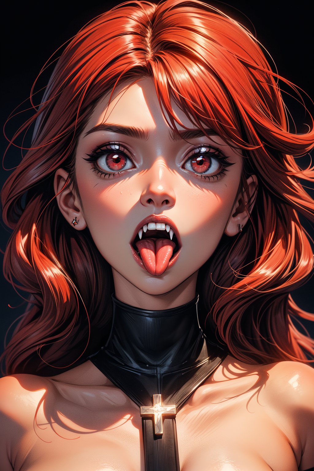 1girl, solo, long hair, looking at viewer, open mouth, bangs, red eyes, upper body, red hair, teeth, tongue, tongue out, saliva, fangs, cross, sharp teeth, inverted cross