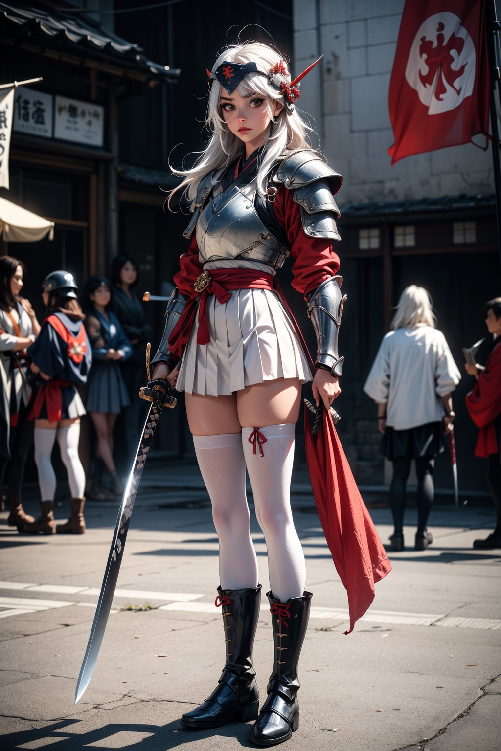 1girl, solo, long hair, looking at viewer, skirt, thighhighs, holding, standing, full body, weapon, white hair, pleated skirt, boots, sword, holding weapon, armor, holding sword, katana, helmet, polearm, shoulder armor, sheath, flag, japanese armor, banner, samurai, kabuto \(helmet\)