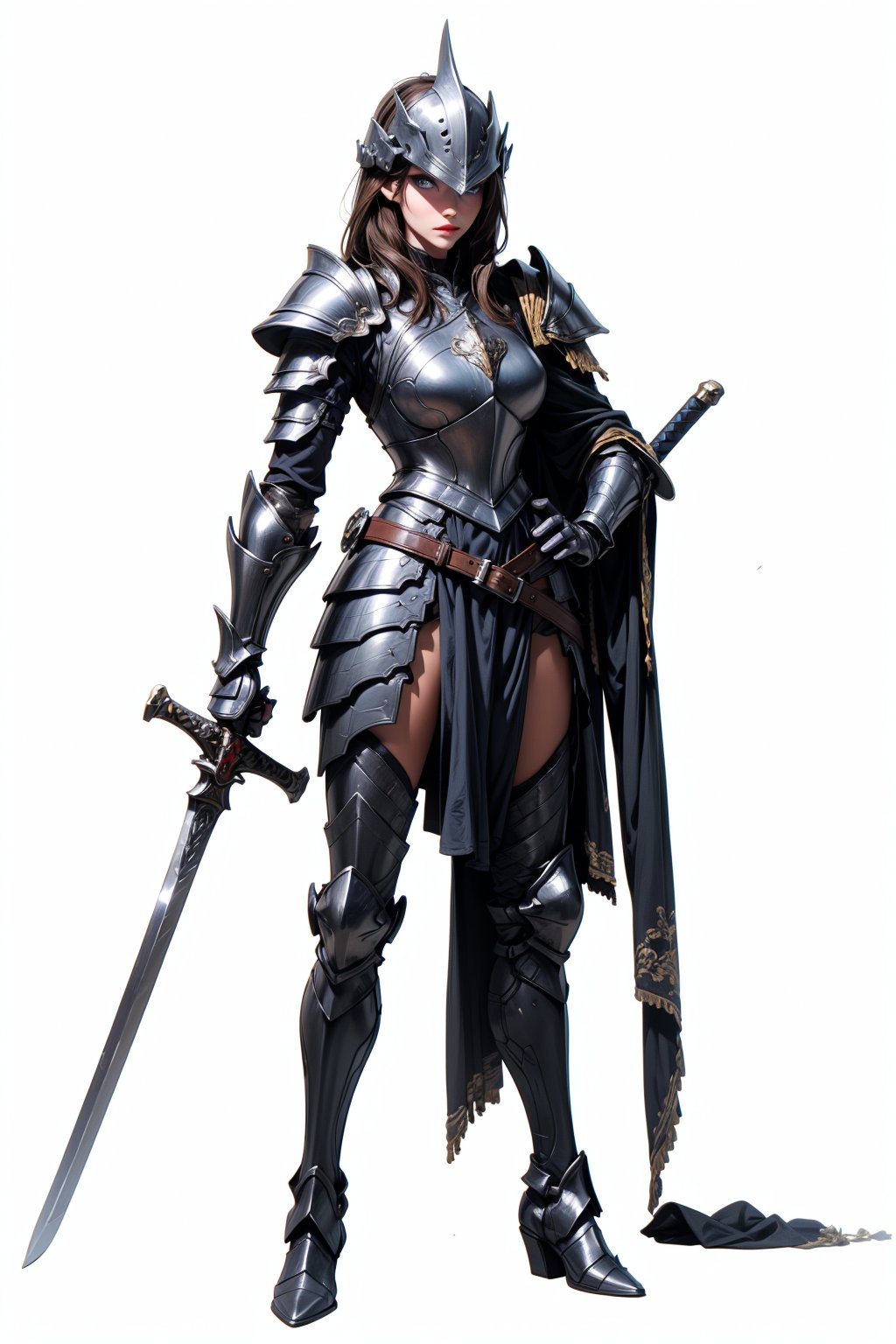 1girl, solo, looking at viewer, blue eyes, simple background, brown hair, white background, holding, standing, full body, weapon, boots, sword, holding weapon, armor, hand on hip, holding sword, helmet, shoulder armor, gauntlets, pauldrons, breastplate, armored boots, planted, knight, full armor, plate armor, visor \(armor\)